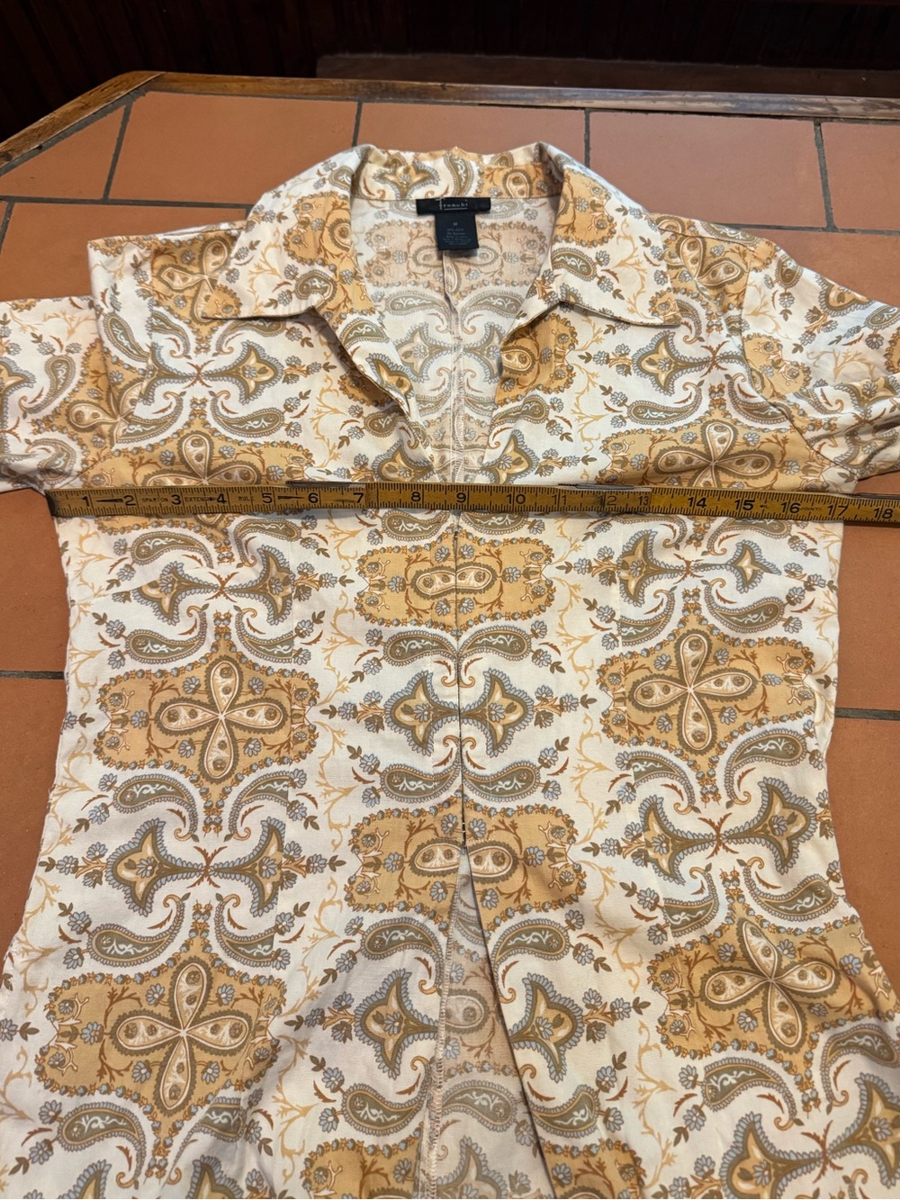 VTG Frenchi Paisley Tunic Shirt in Cream, Tan and Light Blue - Picture 12 of 16